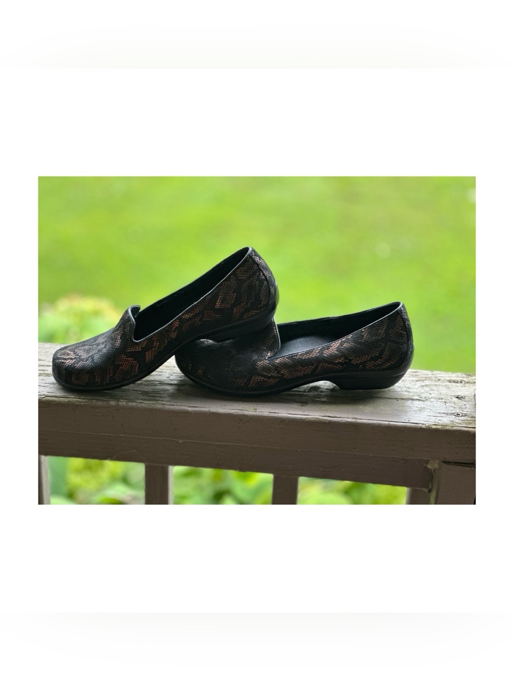 Dansko Women’s Olivia Bronze & Black  Snake-Print Loafers Size 38-US size 7.5- 8